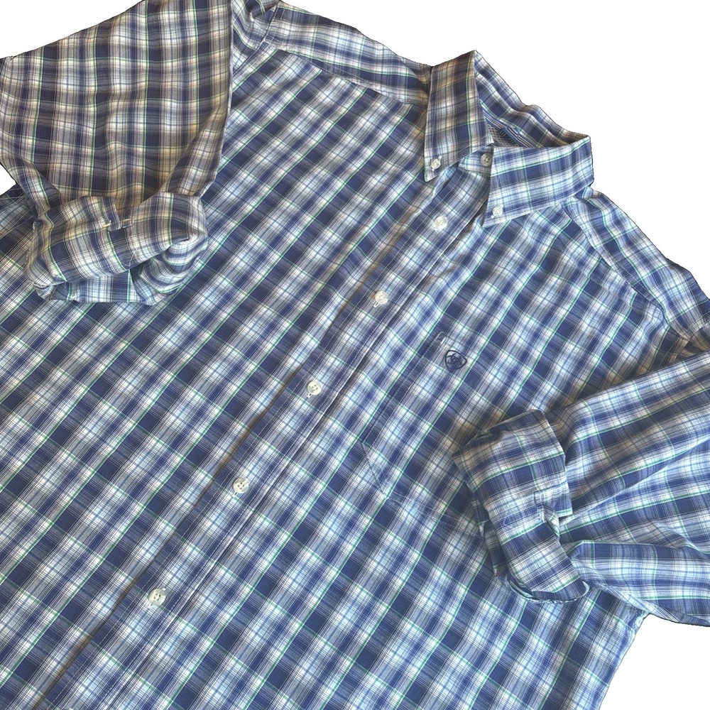 Ariat Pro Series Shirt Mens LARGE Blue Green Plaid Western Fancy Cowboy Twill